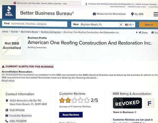 American One Roofing  BBB ALERT " F "