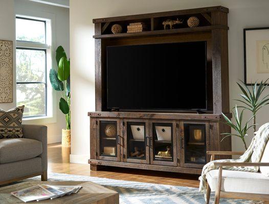 Sawyer is a transitional collection of farmhouse style in entertainment and occasional. Multiple vintage inspired finish options, including