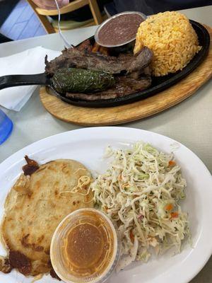 Carne asada and pupusa revuelta ! Excellent!