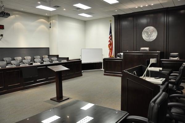 Courtroom: Plug & Play environment w/ Built-in Projector & Screen and Recording capabilities, 44' 3" x 35' 3", seats up to 60