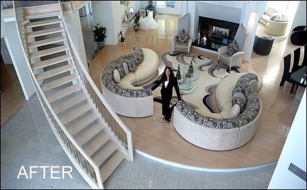 Client home #3 Cedar Grove, NJ Spectacular curved sectionals surround a custom area rug. Coordinated fabric and leather combinations.