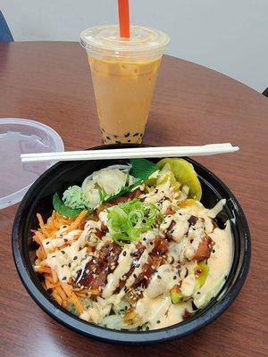 Spicy tuna poke bowl and Thai tea Boba