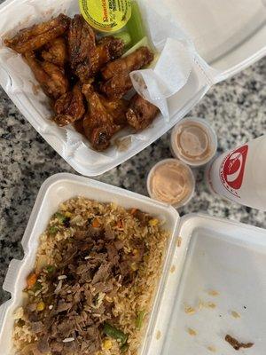 Beef fried rice and bbq chicken wings