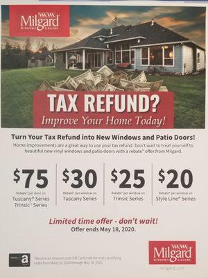 TAX SEASON IS HERE! Don't miss out on Milgards rebate. order between march 9th- may 18 2020 and receive an amazon gift card.