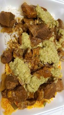 Goat curry with green hot sauce