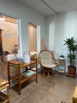 Beautiful teak bar cart and rattan rocking/swivel chair