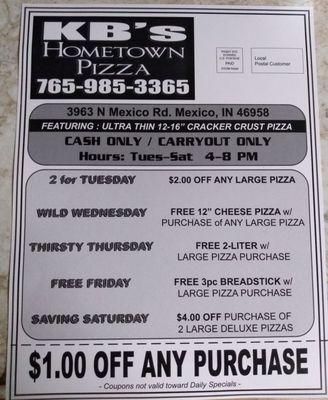 KB's Hometown Pizza in Mexico, Indiana. Cash and carryout only!