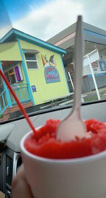 Strawberry and coconut mixed and stuffed snoball! Yum!