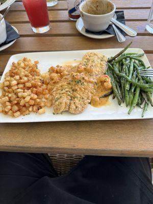 Brabant potatoes, drum with crawfish sauce, string beans