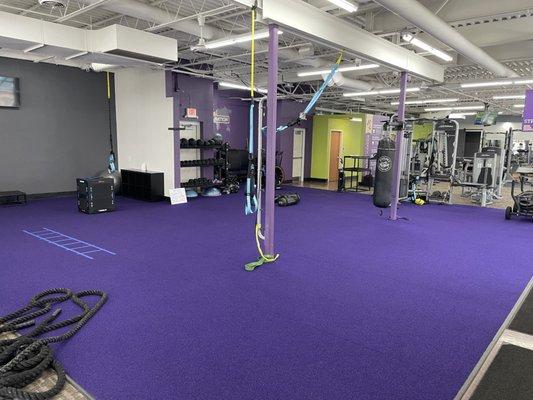 The turf area features kettlebells, dumbbells, TRX, battle ropes, sandbags, medicine balls and more!