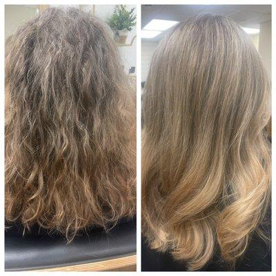 BEFORE & AFTER Val fixed this grown old box dye to a natural grey/blonde blended highlight.