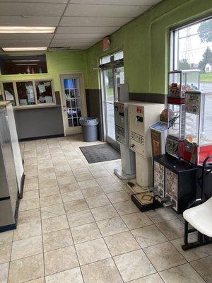 Change machines, candy & stickers vending machines are located beside front door entrance and front desk counter.