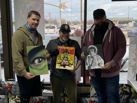 Mike, Ken and David with their Lou prints