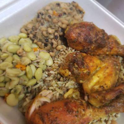 BAKED CHICKEN DIRTY RICE LIMA BEANS FIELD PEAS