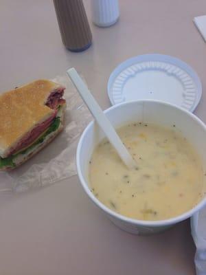 Roast beef sandwich and loaded baked potato soup