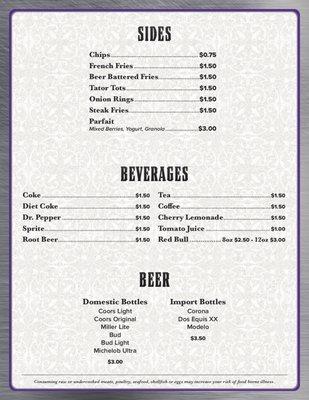 Gambler's Refuge Cafe Menu