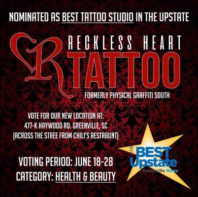 Nominated as Best Tattoo Studio in the Upstate by Greenville News