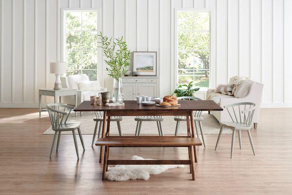 Our Appalachian Hardwood Waldon table in a great room setting with our solid wood Emily chairs and Lakehouse bench.