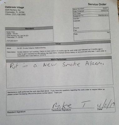 Work order shows smoke detector wasn't fixed until 04/02/19.