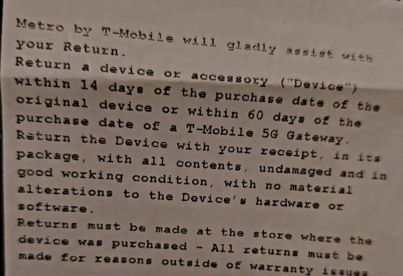 Receipt (after I had to BEG for it) clearly states devices are returnable within 14 days. I attempted to return it within 24 hours