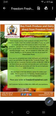 Freedom Fresh is offering curbside pickup of fresh produce and dairy. Freedomfreshdirect.com