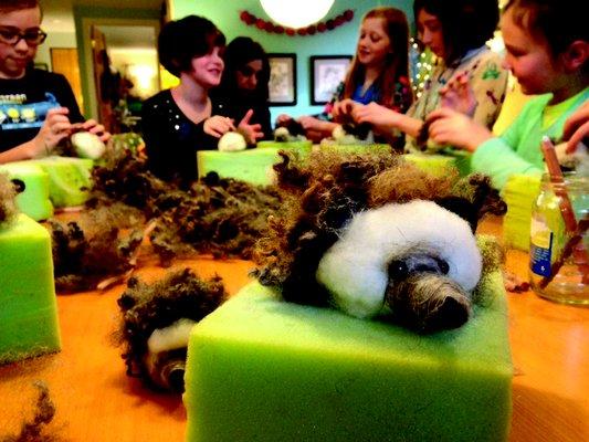 Fiber can become just about anything...including hedgehogs...one of our favorite birthday party projects.