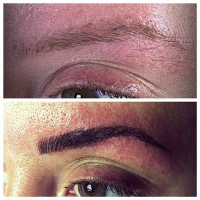 These are before and after a Micro Brow Blading reconstruction treatment. Our clients get to help design the shape we create.