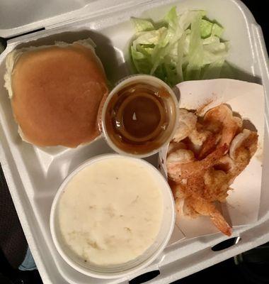 Grilled Shrimp Dinner (12) with Roll, Side Salad, Mashed Potatoes and Brown Gravy