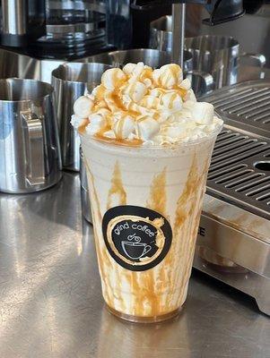 Caramellow; blended drink with carmel, toasted marshmallows, whip cream, carmel drizzle and marshmallows on top