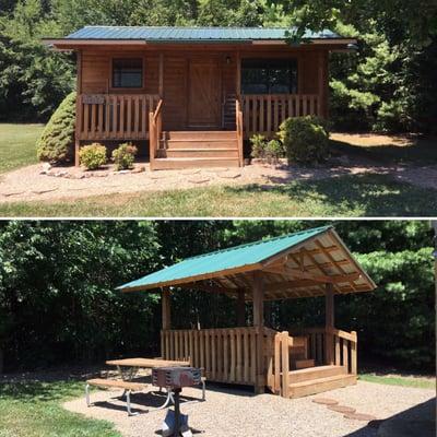 Cabin and hot tub/back yard area