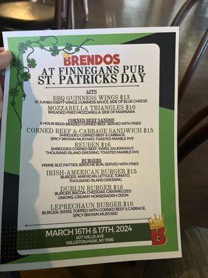 St Patrick's Day menu