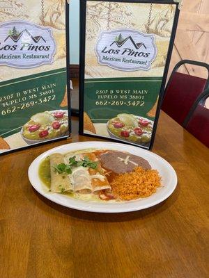 They are three Mexica grille Chichén enchilada  with green sauce, enchiladas sauce and cheese dip its so good