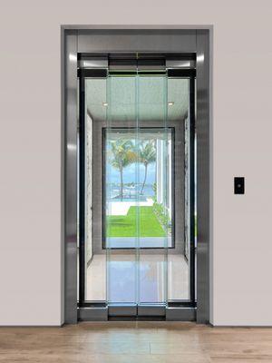 Custom-Built residential elevator with full-length window, glass commercial door, and stainless steel.