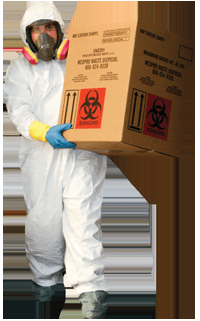 Suited biohazard worker with bio box