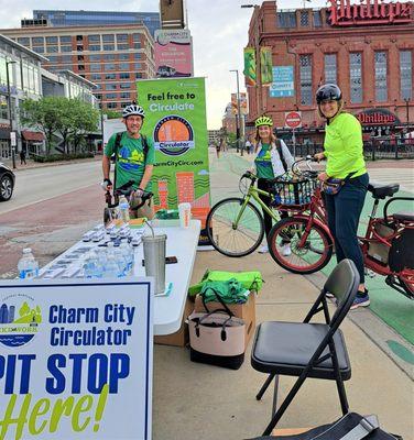 Cyclists stopping by CCC table for Bike-to-work day