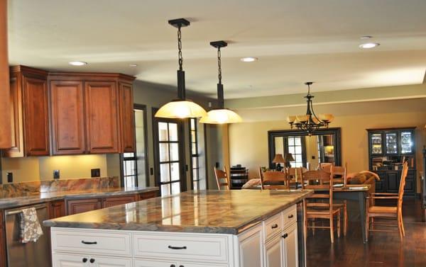 Center island and open kitchen, dining and family room.