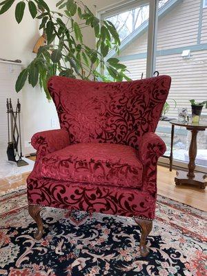 Keeping the pattern even throughout the chair was tricky without tufting, but they did it!