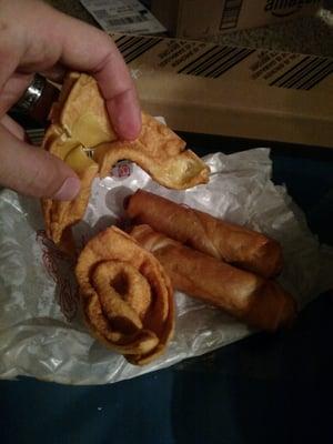 Fried wonton, no meat, and two spring rolls instead of the wontons I ordered