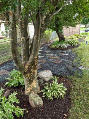 Redefining flowerbeds, adding flagstone walking path and seeding area for easy maintenance.  Scape and Stage gardening and home organization