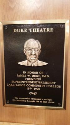 Plaque honoring Dr Duke in the theater lobby.