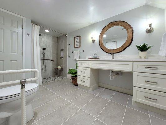 curbless shower, Wheelchair accessible ADA bathroom