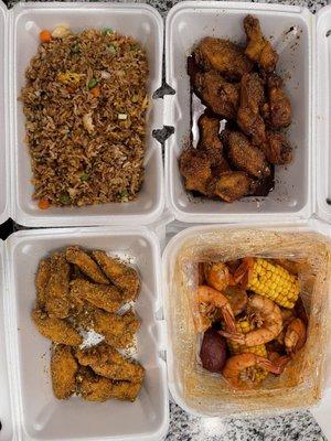 Plain Fried Rice L Wing 10pc lemon pepper/ honey lemon pepper, Cajun Jumbo Shrimp Small