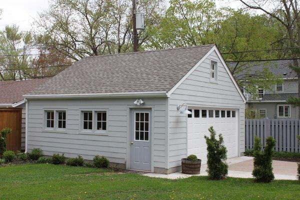 Detached 2 car garage with James Hardie siding and storage trusses