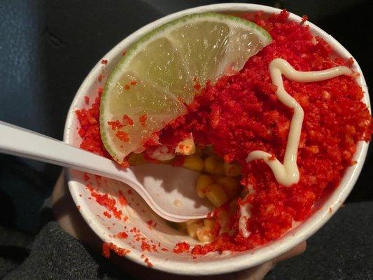 Esquites loko with flaming hot Cheetos