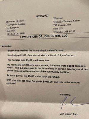 This was the letter I received with a  $1038 check for work he did not do.