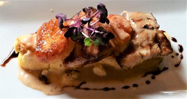 Grilled pork belly, sea scallops & polenta.