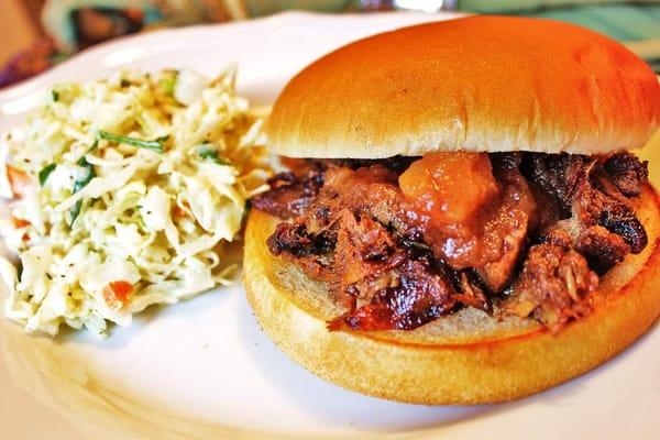 Pulled beef sandwich with apple chutney and coleslaw