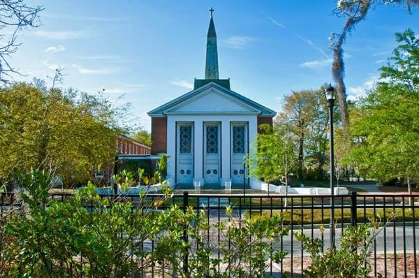 The Learning Center entrance is in the back of the church building.