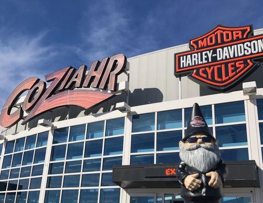 Howie the Harley Gnome says "Come on in & see us at Coziahr!"