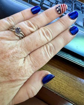 Nick always does a fantastic job. This is what he did for the 4th of July.  Blue chrome with a flag embellishment. Perfect!